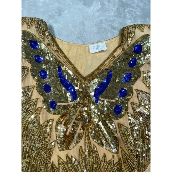 Silk Sequin Butterfly Top Womens Medium Gold Blue Embellished Festival Y2K Boho - Picture 2 of 8